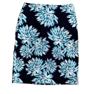 Ann Taylor Factory Pencil Skirt Floral Navy Teal Mum Dahlia Women's Size2